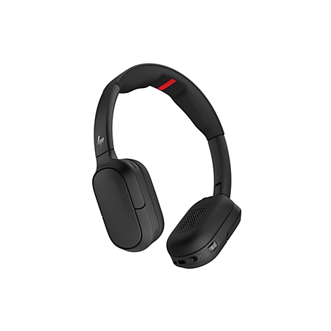 Schwarze kabellose Over-Ear-Kopfhörer mit HP-Logo und rotem Akzent am Kopfbügel vor weißem Hintergrund.