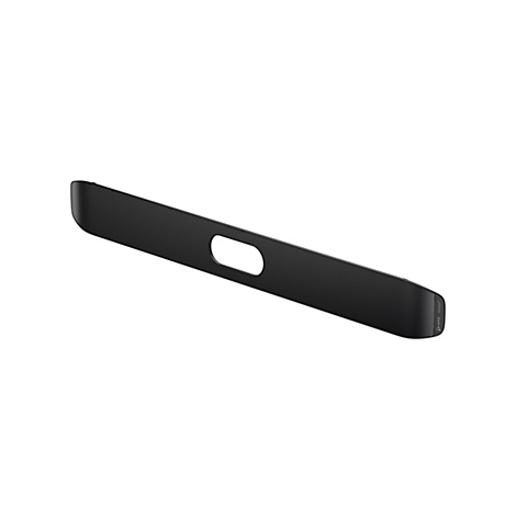 Schwarze Soundbar mit ovaler Aussparung. Die Oberfläche weist ein feines, strukturiertes Muster auf.