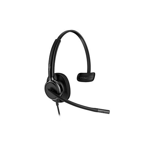 Schwarzes Headset mit Mikrofon auf weißem Hintergrund.