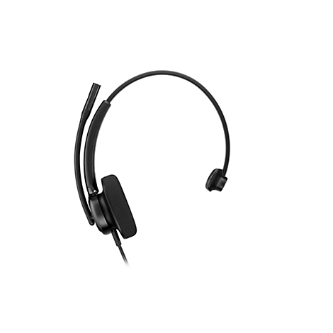 Schwarzes Headset auf weißem Hintergrund. Das Headset hat einen Kopfbügel, einen Mikrofonarm und einen Ohrhörer.