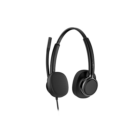 Schwarzes Headset mit Mikrofon auf weißem Hintergrund.
