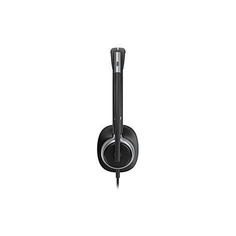 Schwarzes Headset, von vorne gesehen, auf weißem Hintergrund. Die Ohrmuschel ist rund mit einer silbernen Umrandung und einem schwarzen Mikrofon.