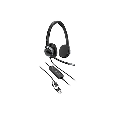 Schwarzes Headset mit Mikrofon. Ohrmuscheln und Kopfbügel gepolstert. Bedienelement und USB-Anschluss sichtbar.