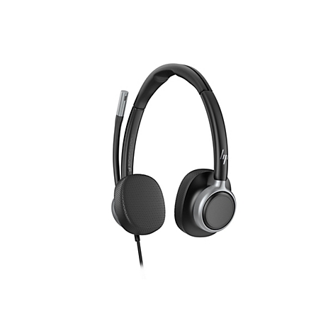 Schwarzes HP Headset mit Mikrofon auf weißem Hintergrund. Das Headset hat eine silberne Mikrofonhalterung und Ohrmuscheln.