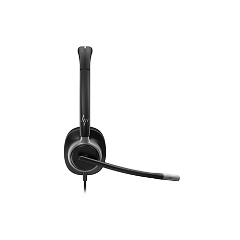 Ein schwarzes Headset mit Mikrofon auf weißem Hintergrund. Der Kopfbügel und der Mikrofonarm sind gebogen. Das HP Logo ist sichtbar.