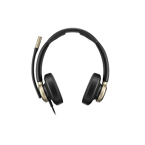 Schwarzes On-Ear-Headset mit Bügelmikrofon und goldenen Akzenten vor weißem Hintergrund.