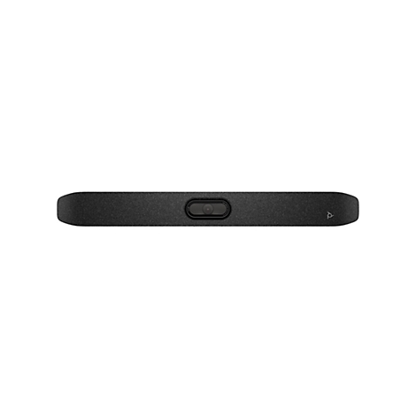 Schwarze Soundbar, die Kamera und Mikrofon enthält. Logo von Poly auf der rechten Seite.