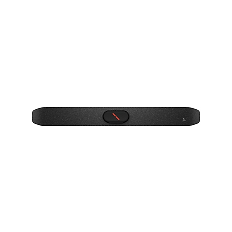 Schwarzes Soundbar mit roter Linie. Rechts ein kleines Firmenlogo.
