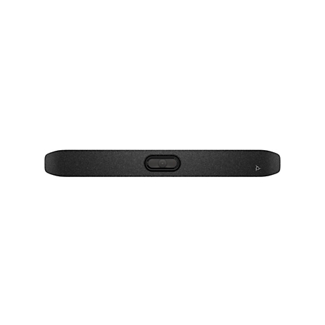 Schwarze Soundbar mit Kamera, weißer Hintergrund. Mittig die Kamera, links und rechts abgerundete Ecken.