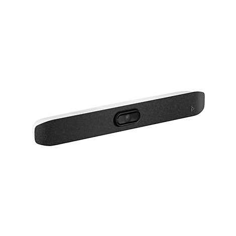 Schwarze Soundbar mit Kamera, weißem oberen Bereich und Logo, vor weißem Hintergrund.