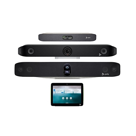 Mehrere Videokonferenzgeräte und ein Tablet, alle auf weißem Hintergrund. Die Geräte sind schwarz und haben Kameras.