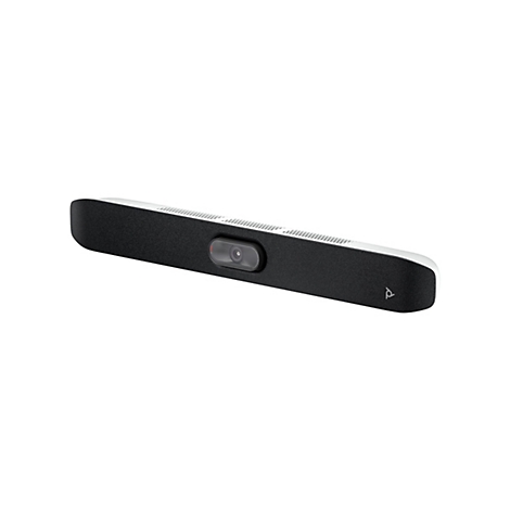Ein schwarzes Soundbar mit integrierter Kamera und Mikrofon vor weißem Hintergrund. Das Gerät hat ein graues Lautsprechergitter und ein weißes Oberteil.