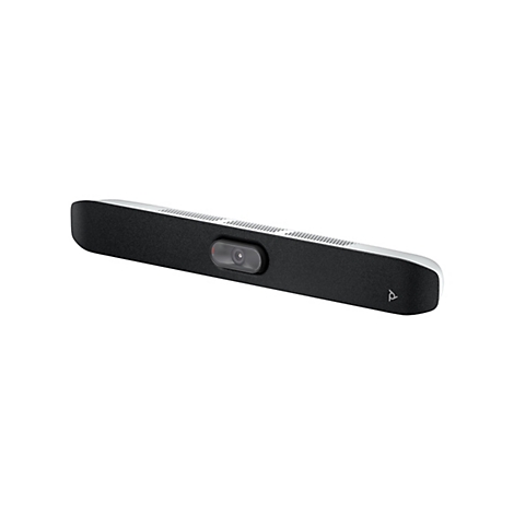 Schwarze Soundbar mit Kamera, silberner Oberfläche und Poly Logo auf weißem Hintergrund.