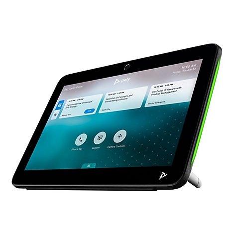 Schwarzes Poly-Tablet mit grünem Rahmen, das eine Tagesordnung anzeigt. Auf dem Bildschirm Termine und Symbole. Datum: 13. Oktober, 10:00 Uhr.