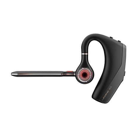 Schwarzes Bluetooth-Headset auf weißem Hintergrund, mit roségoldfarbenen Akzenten. Auf dem Gehäuse steht "LEGEND 50".