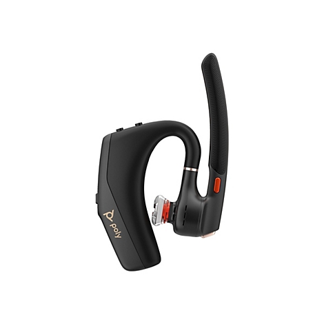 Schwarzes Bluetooth-Headset mit Ohrbügel und rotem Akzent. Auf dem Gerät ist das Poly-Logo zu sehen.