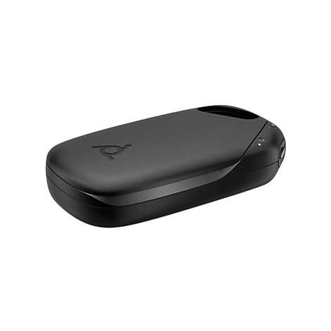 Schwarzes, ovales Gerät mit einem Logo und Knöpfen.