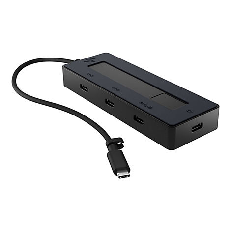 Schwarzer HP USB-C Hub, mit Kabel. Auf der Oberseite befinden sich Anschlüsse, inklusive USB-C und weitere. Der Hintergrund ist weiß.