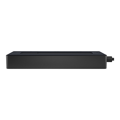 Schwarzer, rechteckiger Netzwerk-Router mit Anschlüssen und Öffnungen. Auf weißem Grund.
