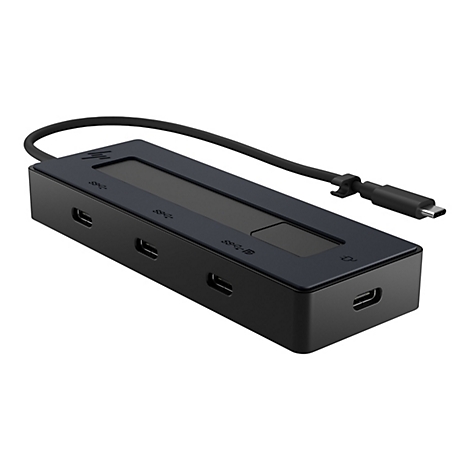 Schwarzer USB-C-Hub mit HP-Logo, mehreren AnschlÃ¼ssen, und fest integriertem Kabel.
