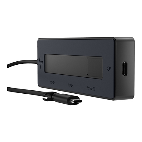 Schwarzer HP USB-C-Hub mit Kabel; AnschlÃ¼sse: USB-C, USB 3.0, HDMI.