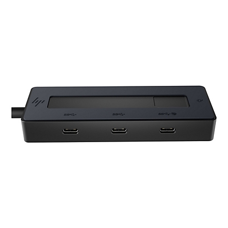 Schwarzer USB-C-Hub mit drei AnschlÃ¼ssen. Oben ein Display mit HP-Logo. Auf der Front Ports mit Symbolen beschriftet.