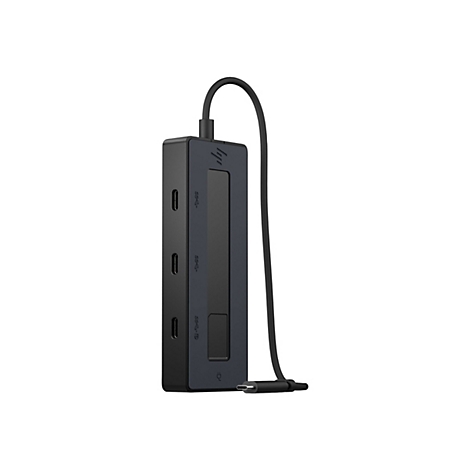 Schwarzer HP USB-C Hub, Kabel angeschlossen. Drei Ports, kleines Display, HP Logo oben.
