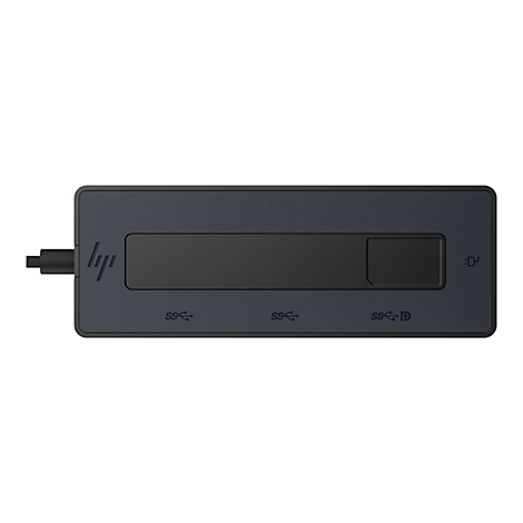 Schwarzes HP-Dock mit USB-C-Kabel. Das Dock hat eine lange, dunkle Aussparung und USB-AnschlÃ¼sse.