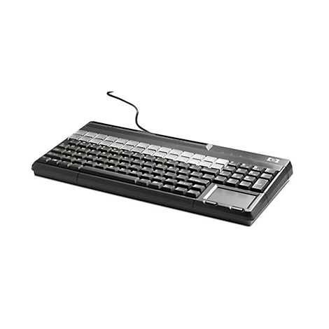 Schwarze HP Tastatur mit Touchpad und Kabel, vor weißem Hintergrund. Die Tasten sind schwarz mit weißen Buchstaben und Ziffern.