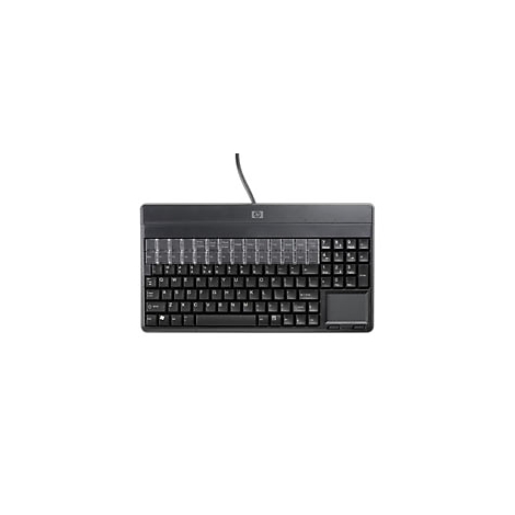 Schwarze HP-Tastatur mit integriertem Touchpad. Oben Logo.