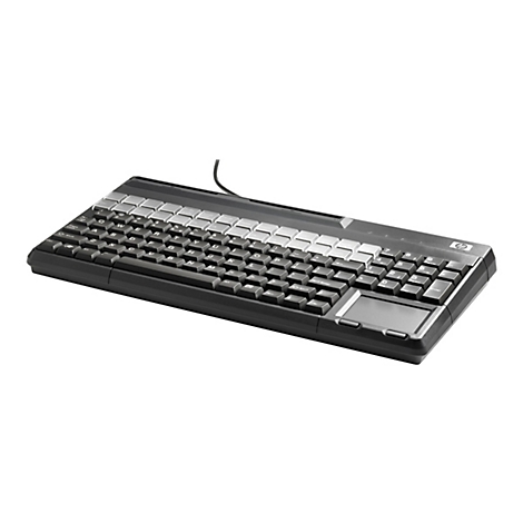 Schwarze HP-Tastatur mit integriertem Touchpad. Buchstaben und Zahlen auf den Tasten. Das Kabel ist an der Oberseite angebracht.