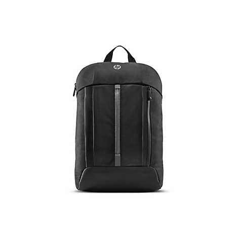 Schwarzer HP-Rucksack mit Reißverschlüssen, Henkel und HP-Logo. Auf weißem Hintergrund.