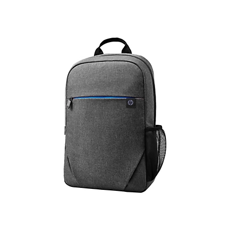 Ein grauer HP-Rucksack steht vor weiÃŸem Hintergrund, mit blauem ReiÃŸverschluss und schwarzer Netztasche.