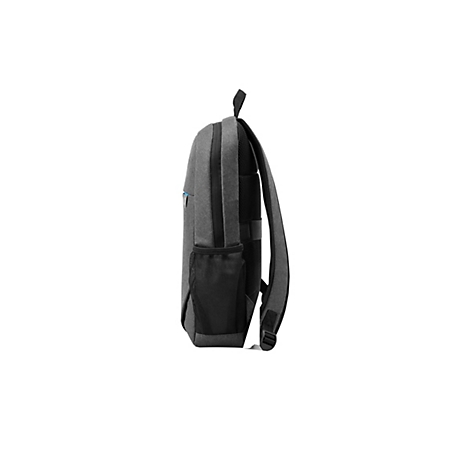 Grauer Rucksack im Profil, rechte Seite. Schwarze Netz-Seitentasche, blaues Detail, schwarze Schultergurte und Trageschlaufe.