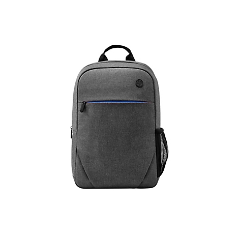 Grauer Rucksack mit schwarzem Griff und Reißverschluss. Das blaue Innenfutter ist sichtbar. HP Logo.