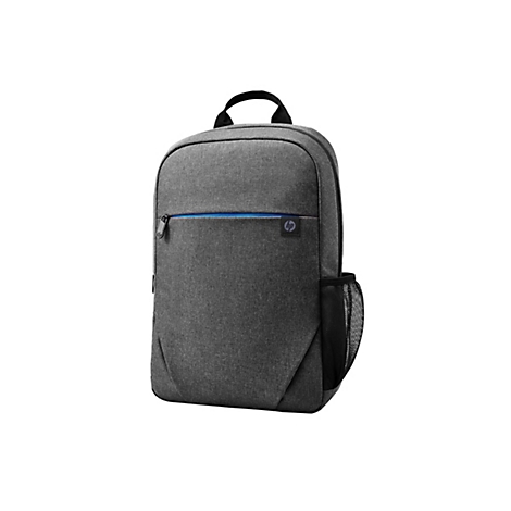 Ein grauer HP-Rucksack vor weißem Hintergrund. Er hat einen schwarzen Griff, eine blaue Reißverschlusslinie und ein HP-Logo.