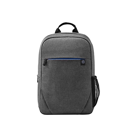 Grauer HP Rucksack vor weißem Hintergrund. Mit blauem Reißverschluss, schwarzem Griff und HP Logo.