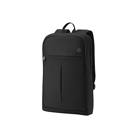 Schwarzer HP-Rucksack mit HP-Logo, Reißverschluss und Tragegriff.
