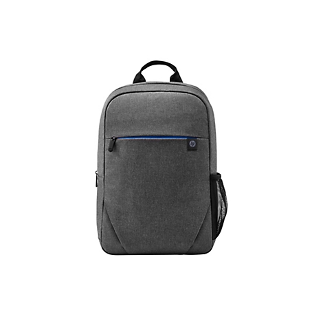 Grauer Rucksack mit schwarzem Griff, Reißverschlüssen und blauem Akzent. HP Logo sichtbar.