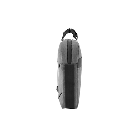 Graue Laptoptasche im Profil, mit Tragegriffen und Reißverschluss. Auf weißem Hintergrund.