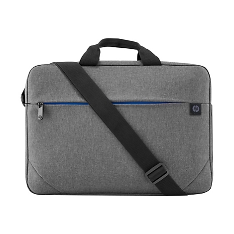 Graue Laptoptasche mit Tragegriff und Schultergurt. Auf der Tasche befindet sich ein HP Logo.