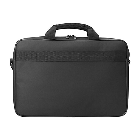 Schwarze Laptoptasche mit Griff und Schultergurt.