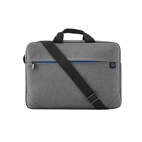 Graue HP-Laptoptasche, Schulterriemen und Handgriff. Blauer Reißverschluss und HP-Logo.