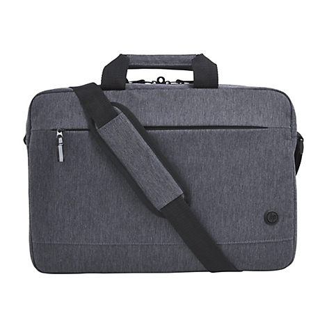 Dunkelgraue Laptoptasche mit Griffen, Reißverschluss und Schulterriemen, auf weißem Hintergrund. Ein HP-Logo ist auf der Vorderseite zu sehen.