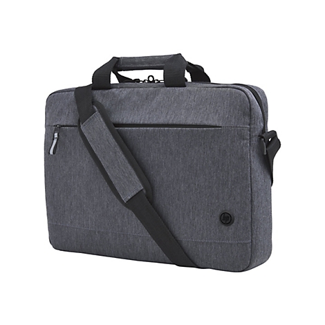 Graue Laptoptasche mit Griff und Schultergurt, HP-Logo.