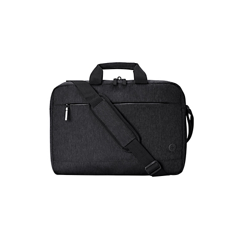 Schwarze Laptoptasche mit Tragegriff, Schultergurt und Reißverschluss. Auf weißem Hintergrund. Die Tasche hat ein dezentes HP-Logo.