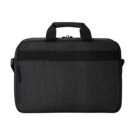 Eine schwarze Aktentasche auf weißem Hintergrund. Die Tasche hat einen Griff, einen Schultergurt und mehrere Fächer.