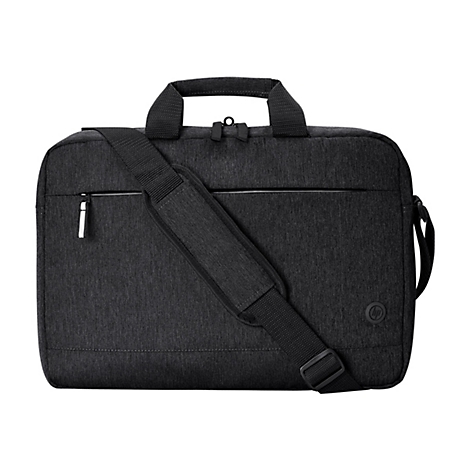 Dunkelgraue Laptoptasche mit Tragegriff, Schultergurt und Reißverschluss. Auf der Tasche ist ein HP-Logo zu sehen.