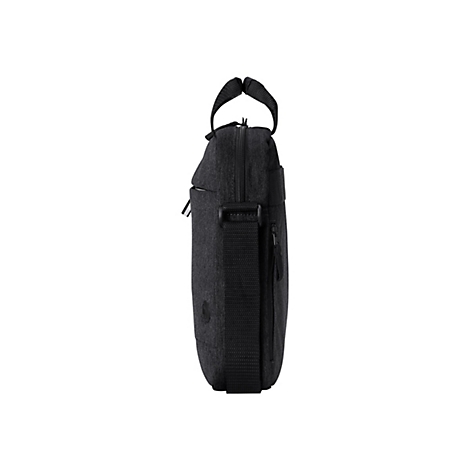 Eine schwarze, rechteckige Tasche mit kurzem Tragegriff und Schulterriemen, im Profil vor weißem Hintergrund.