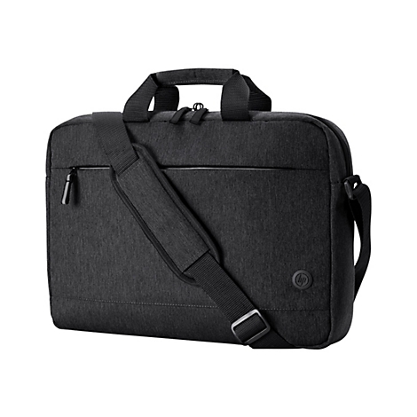 Schwarze Laptoptasche mit Schultergurt, Henkel, Reißverschlüssen und HP Logo.